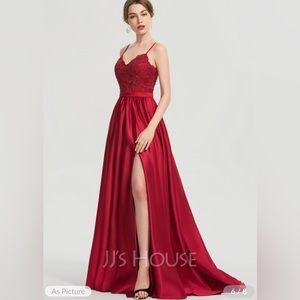 Red Ball-Gown V-Neck Sweep Train Lace Satin Prom Dress With Beading Sequins